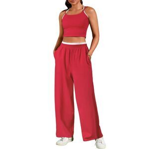 2 Piece Spaghetti Strap Crop Tank Tops Wide Leg Pants Tracksuit Red